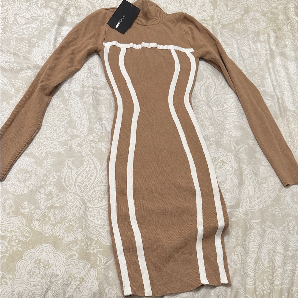 Fashion Nova Long Sleeve Tan and White Dress